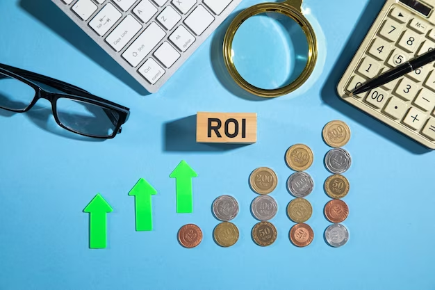 ROI on wooden block with a coins and business objects