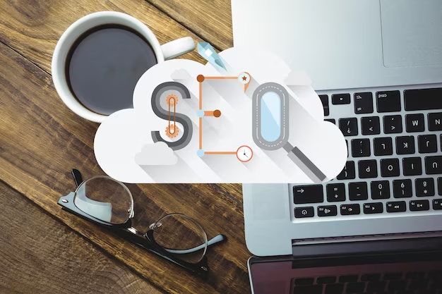 The word SEO in the cloud on the background of a laptop, a cup of tea and glasses