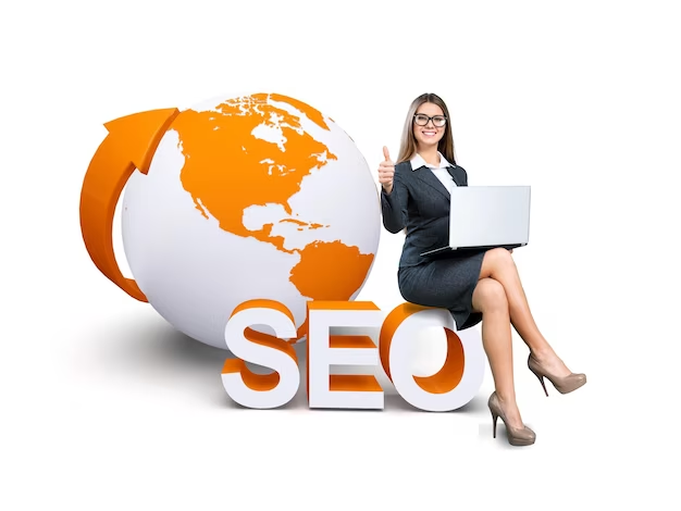 A girl sits on the word SEO, next to the planet