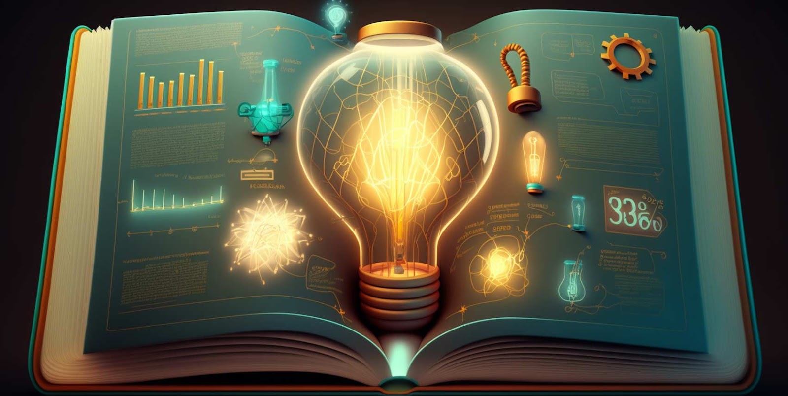 3D concept art: an open book with a lamp, graphical elements, icons, gears, and details