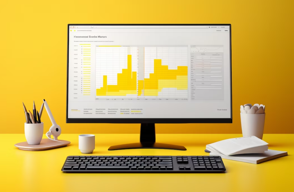 computer screen with analytics, black keyboard, notes, a cup on the table in the yellow room