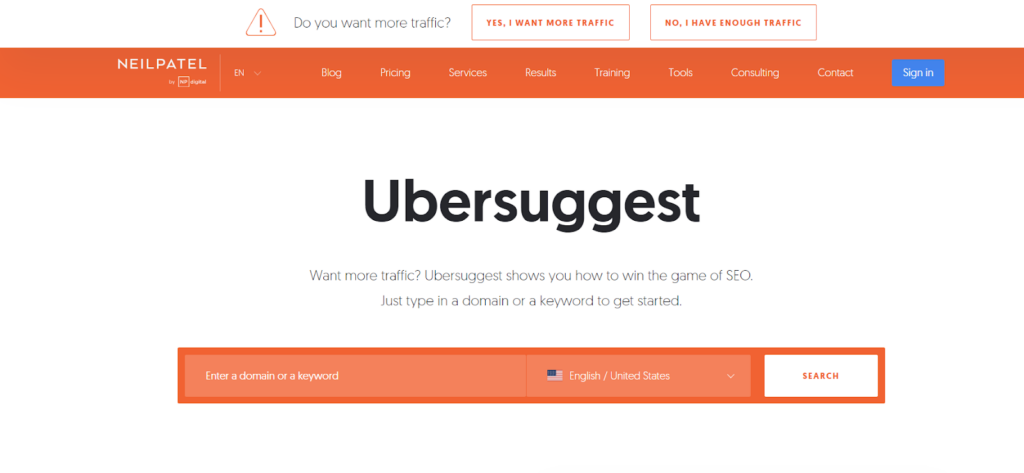 Ubersuggest home page