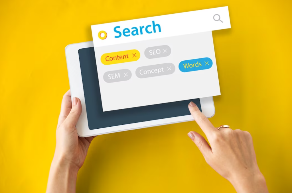 hands holding tablet with tags content, SEO, sem, concept, words on it