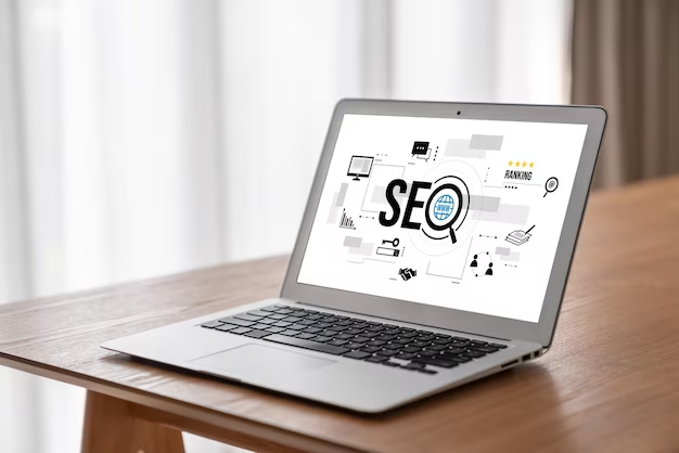 The word SEO on an open laptop in the room