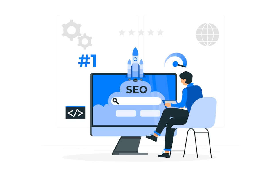 character sitting at the table with word seo on the computer screen