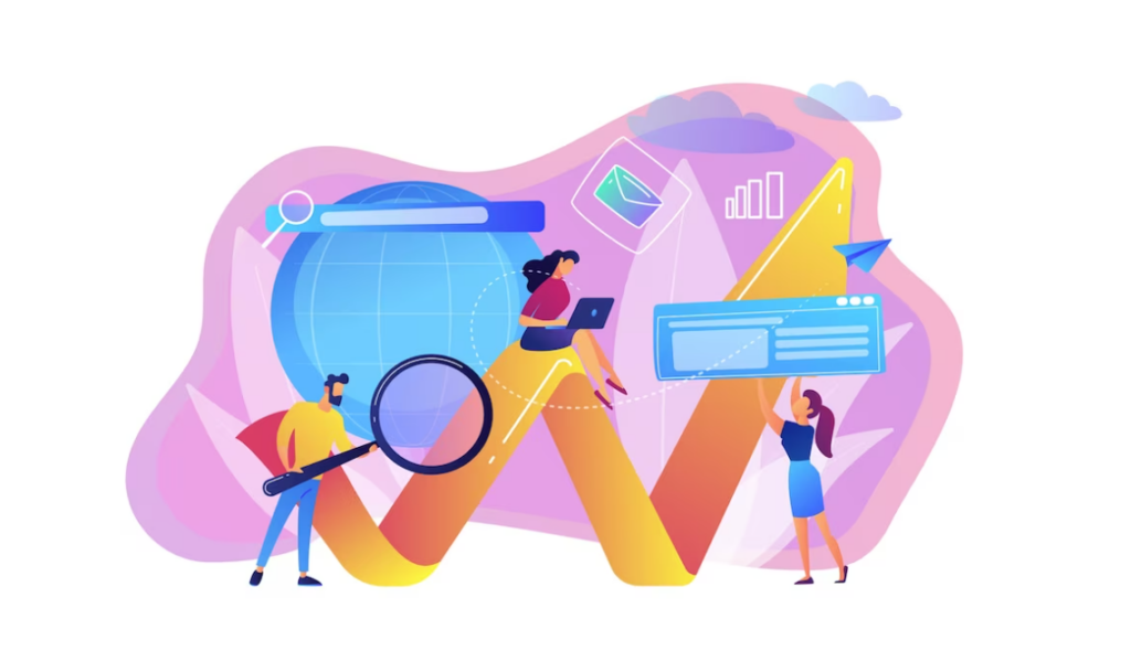 three characters near the arrow, one holds magnifying glass, a woman holds a webpage, and other woman sitting on the arrow